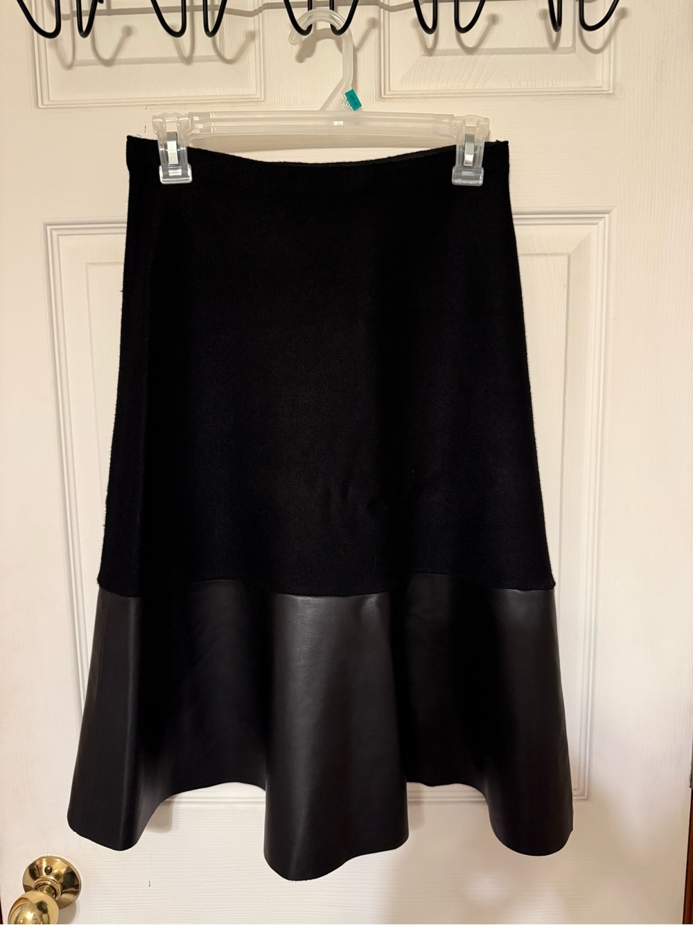 Black Midi A-Line Skirt with Faux Leather Hem